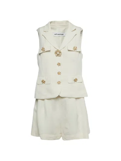 Pre-owned Self-portrait Tailored Flower-embellished Playsuit In Neutral