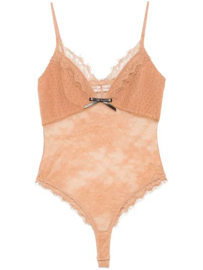 SELF-PORTRAIT SELF-PORTRAIT TAN DOT MESH BODYSUIT