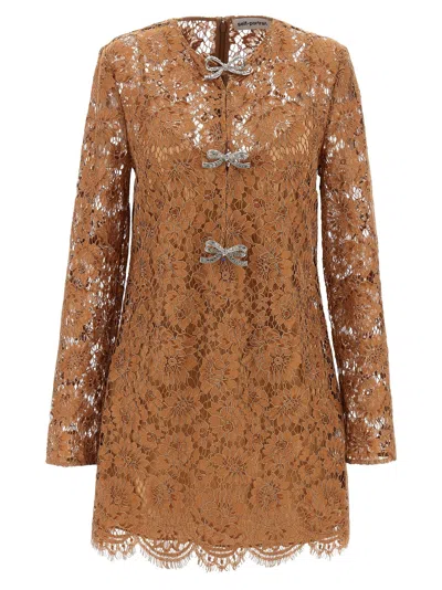 SELF-PORTRAIT TAN LACE BOW MINI DRESS