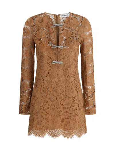 Self-portrait Tan Lace Bow Mini Dress Clothing In Brown