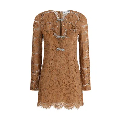 Self-portrait Tan Lace Bow Mini Dress Clothing In Brown