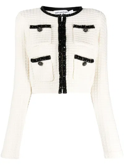 Self-portrait Tan Structured Knit Cropped Cardigan For Women