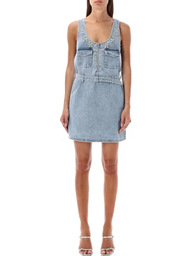 Self-portrait Rhinestone-embellished Denim Minidress In Blue