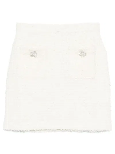 Self-portrait Textured Beige Skirt With Decorative Pockets In White