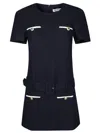 Self-portrait Textured Boucle Mini Dress With Belted Waist And Gold-tone Accents In Black