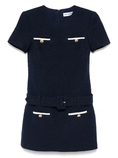 Self-portrait Textured Bouclé Mini Dress With Fitted Silhouette And Belted Waist In Blue