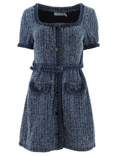 Self-portrait Braided-trimmed Denim-tweed Mini Dress In Blue