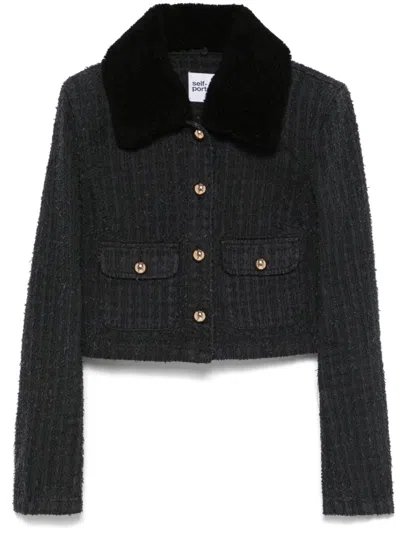 Self-portrait Textured Denim Jacket In Black