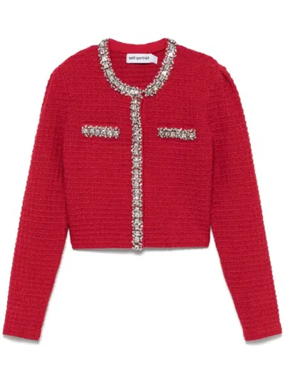 Self-portrait Textured Knit Cropped Sweater With Decorative Embellishments In Red