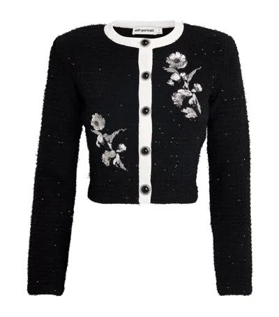 Self-portrait Textured-knit Embellished Floral Jacket In Black