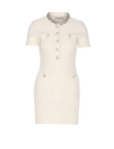 Self-portrait Fitted White Dress With Decorative Buttons In Neutral