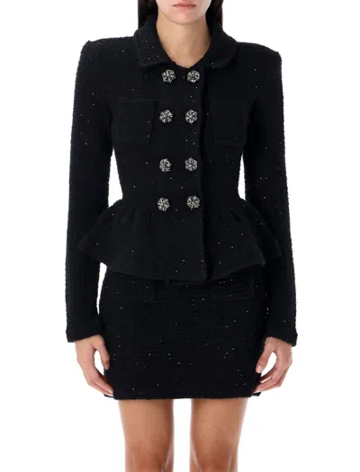 Self-portrait Textured Knit Peplum Jacket In Black