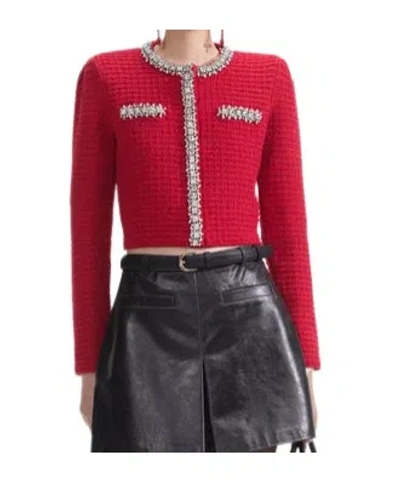 Self-portrait Short Cardigan With Crystals In Red