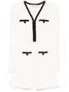 Self-portrait Textured White Dress With Beaded V-neckline In Neutral