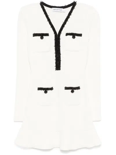 Self-portrait Textured White Dress With Beaded V-neckline