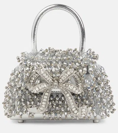 Self-portrait The Bow Micro Embellished Tote Bag In Silver