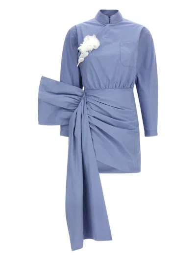 Self-portrait Cotton Tie Side Mini Dress Long Sleeves In Blue