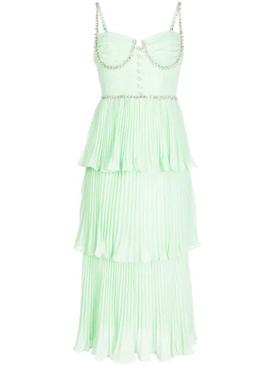 Self-portrait Tiered Crystal-embellished Dress In Green