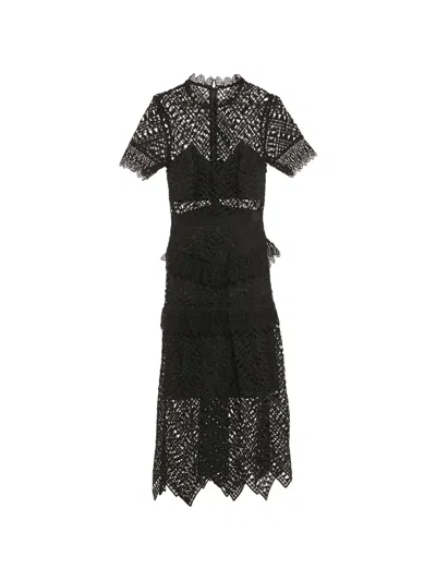 Pre-owned Self-portrait Tiered Laced Midi Dress In Black