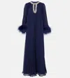 Self-portrait Tiered Pleated Feather-trimmed Maxi Dress In Blue