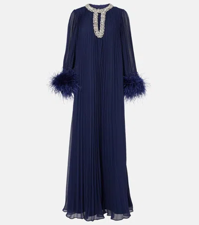 Self-portrait Tiered Pleated Feather-trimmed Maxi Dress In Blue