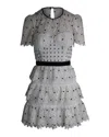 Self-portrait Tiered Polka Dot Floral Lace Ruffle Mini Dress In White Polyester In White