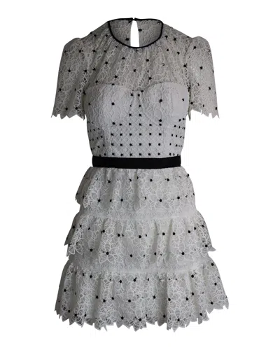 SELF-PORTRAIT TIERED POLKA DOT FLORAL LACE MINI DRESS IN WHITE POLYESTER