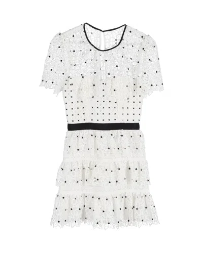 Self-portrait Tiered Polka Dot Floral Lace Ruffle Mini Dress In White Polyester