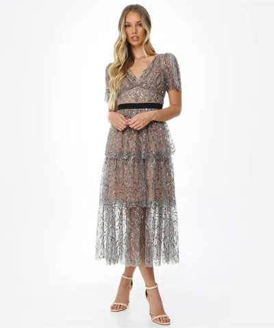 Pre-owned Self-portrait Tiered Sequinned V Neck Tulle Midi Dress In Grey, Silver