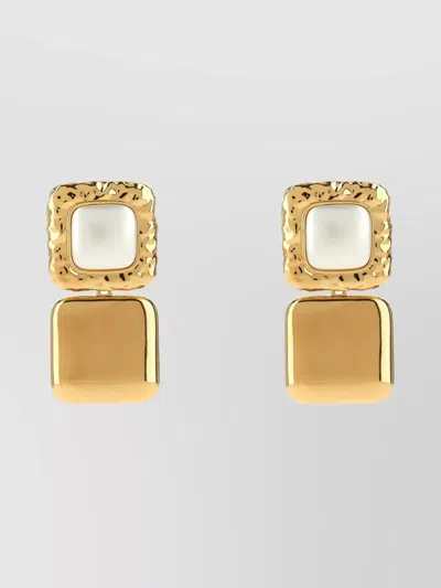 Self-portrait Tiered Square Pearl Earrings With Textured Detail In Gold