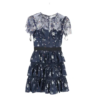 Self-portrait Tiered Star Mesh Printed Mini Dress In Navy Blue Polyester