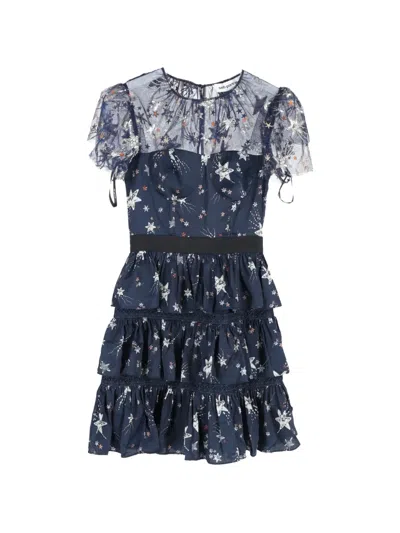 Pre-owned Self-portrait Tiered Star-print Mini Dress In Blue