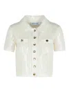Self-portrait Ribbed Knit Cropped Polo Top In White