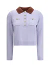 Self-portrait Light Blue Knit Contrasting Collar Polo Shirt In Purple