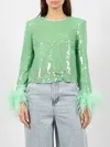 Self-portrait Sequin Long-sleeve Feather-cuff Top In Mint
