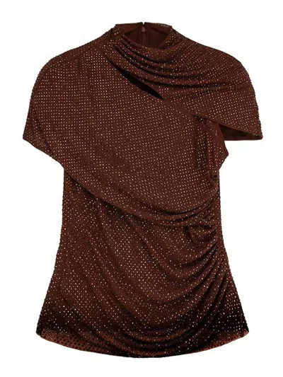 Self-portrait Gathered Cutout Crystal-embellished Mesh Top In Brown