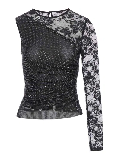 SELF-PORTRAIT TOP WITH RHINESTONE AND LACE SLEEVES