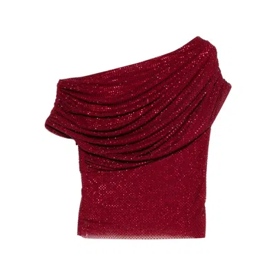 Self-portrait Off-the-shoulder Draped Crystal-embellished Mesh Top In Burgundy