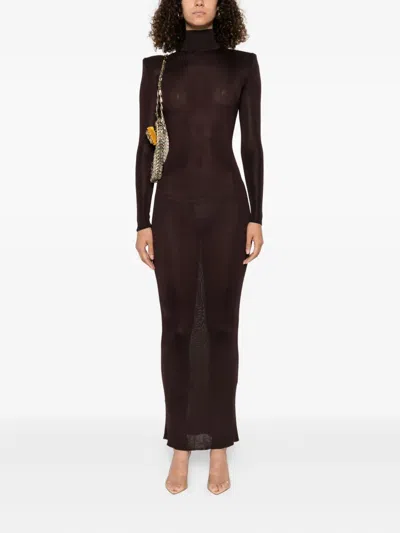 Self-portrait Turtleneck Shoulder-padded Dress In Brown