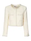 Self-portrait White Crewneck Jacket With Sequin And Faux-pearls Embellishments In Tech Fabric Woman In White