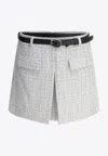 Self-portrait Waist Belted Pleat Pockets Textured Fabric In Blue