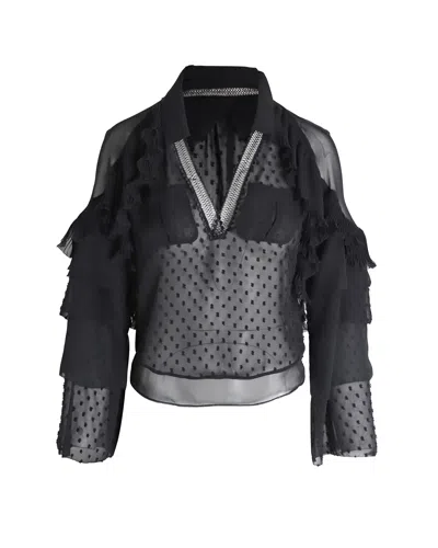 Self-portrait V-neck Long Sleeve Blouse In Black Polyester