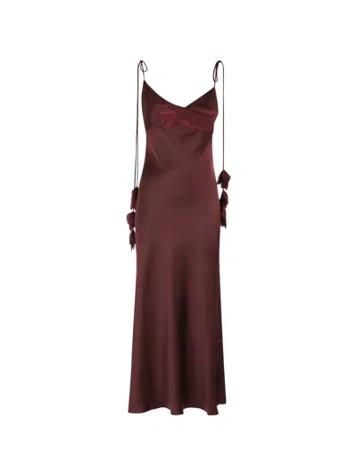 Self-portrait Bordeaux Long Dress With Knotted Shoulder Straps And Floral Details In Fabric Woman In Burgundy