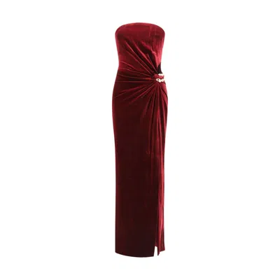 Self-portrait Velvet Bandeau Long Dress In Burgundy