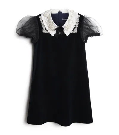 Self-portrait Kids' Velvet Flower-trim Dress In Black