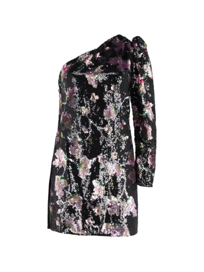 Pre-owned Self-portrait Velvet One-shoulder Mini Dress In Black