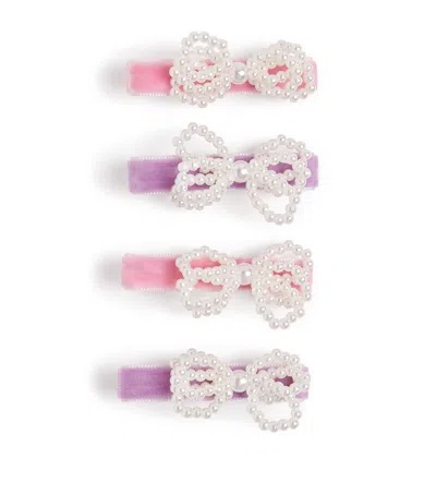 Self-portrait Kids' Velvet Pearl Bow Hairclips In Multi