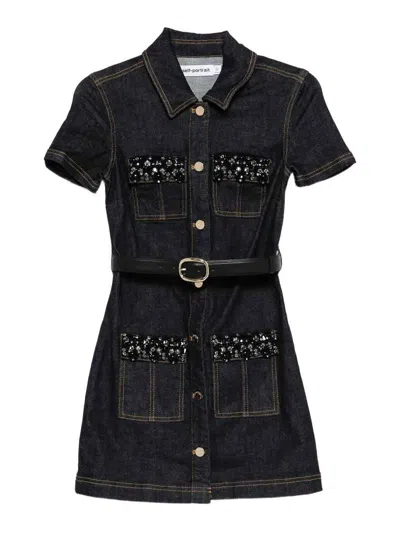 Self-portrait Denim Crystal Trim Mini Dress In Black