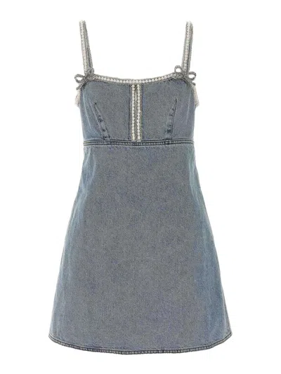 Self-portrait Light Blue Denim Pearl Mini Dress Dress In Gray