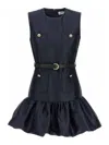 Self-portrait Crew Neck Taffeta Mini Dress With Ruffled Hem In Blue